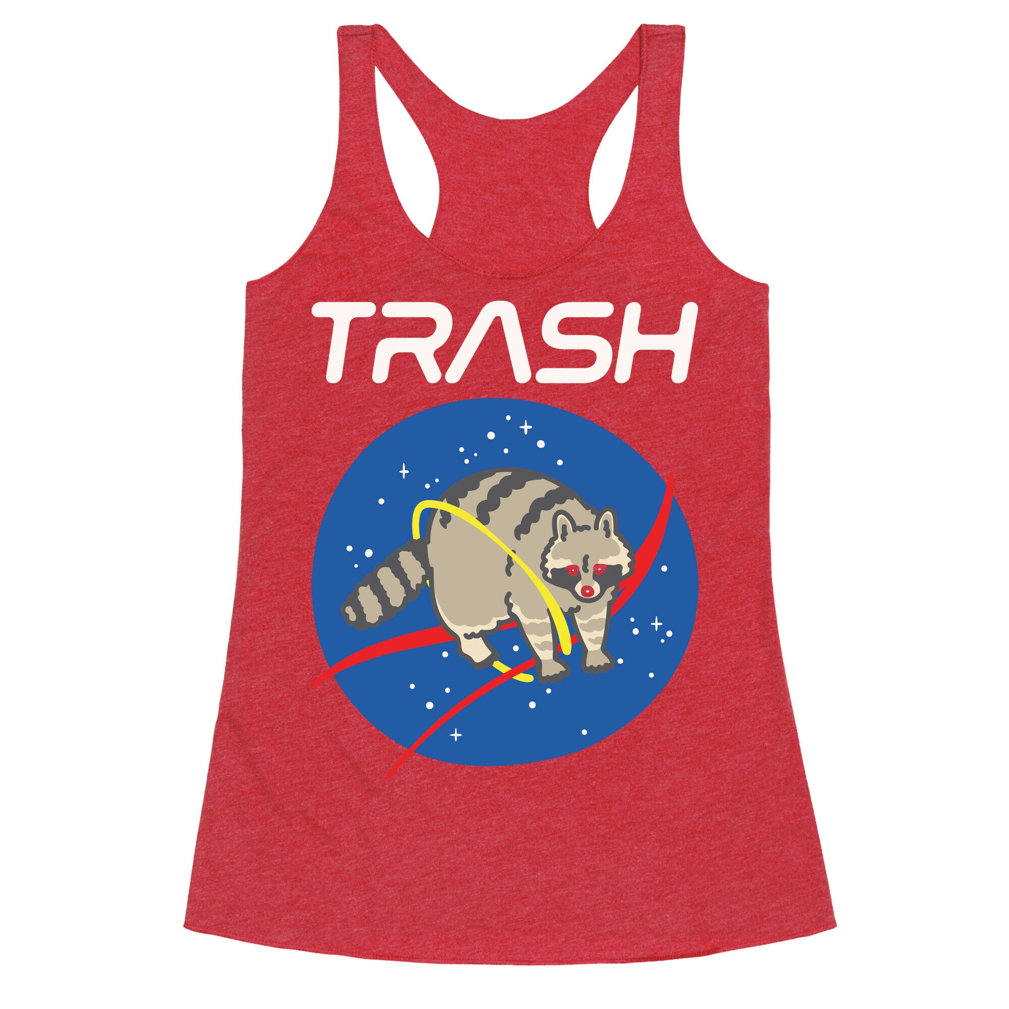 Trash Raccoon Nasa Logo Parody White Print Racerback Tank